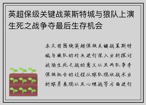 英超保级关键战莱斯特城与狼队上演生死之战争夺最后生存机会